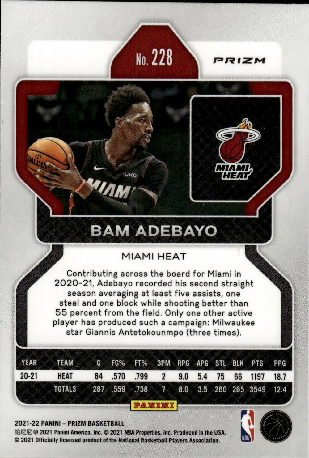 2021-22 Panini Prizm Basketball - Base - Ruby Wave Prizm # 228 Bam Adebayo - Miami Heat