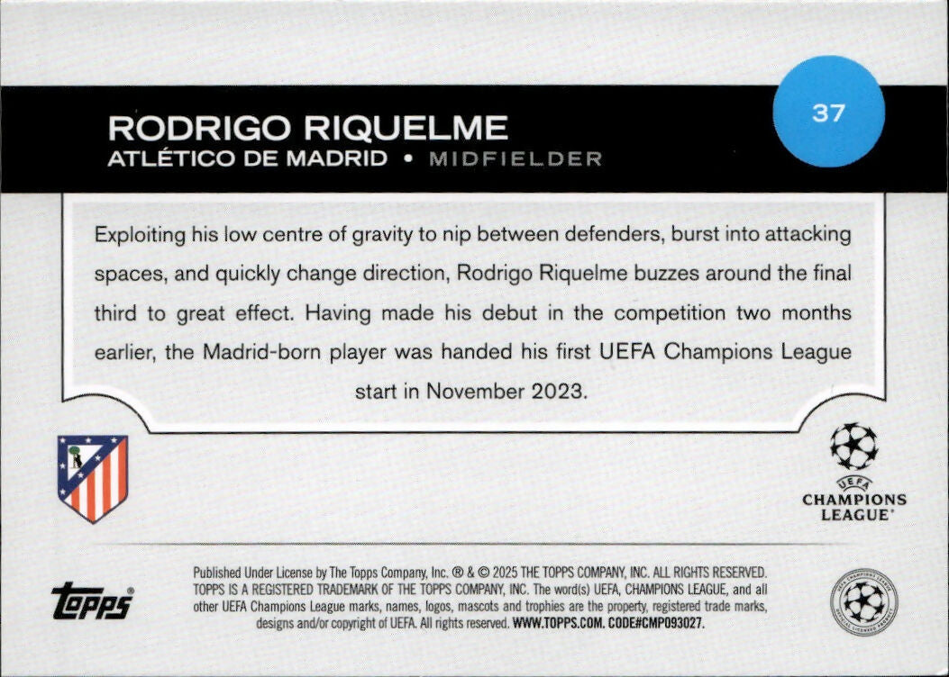 2024-25 Topps UEFA Club Competitions - Base #37 Rodrigo Riquelme - Atletico De Madrid - B