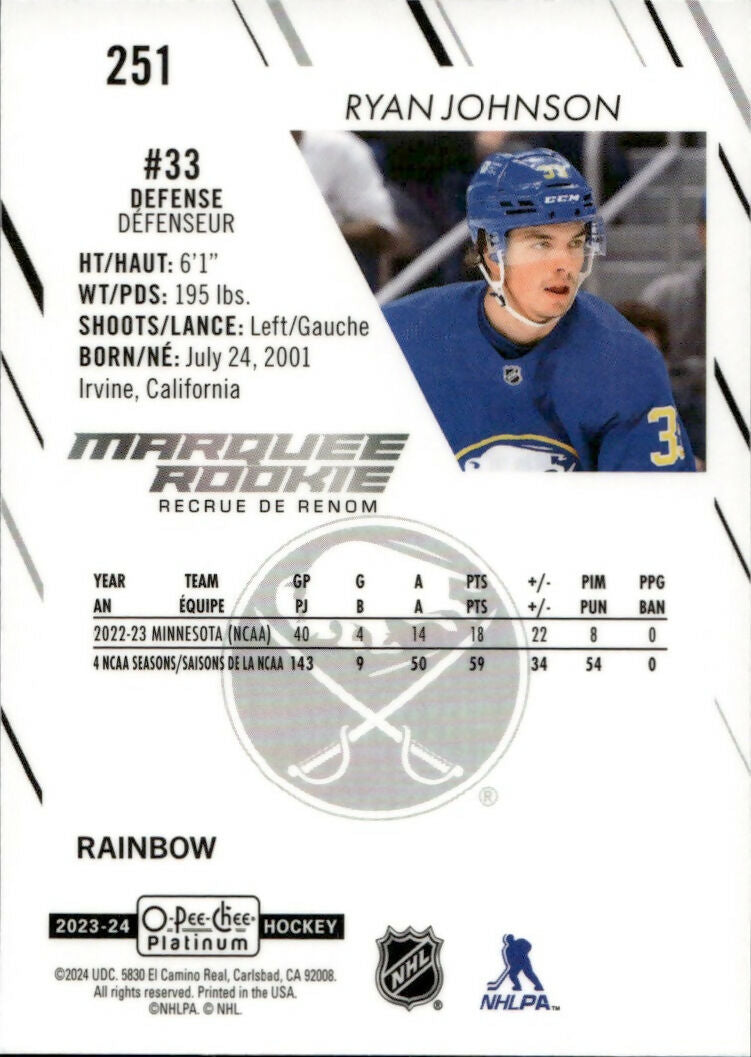 2023-24 Upper Deck O-Pee Chee Platinum Hockey - Base - Marquee Rookie - Rainbow #251 Ryan Johnson - Buffalo Sabres - B