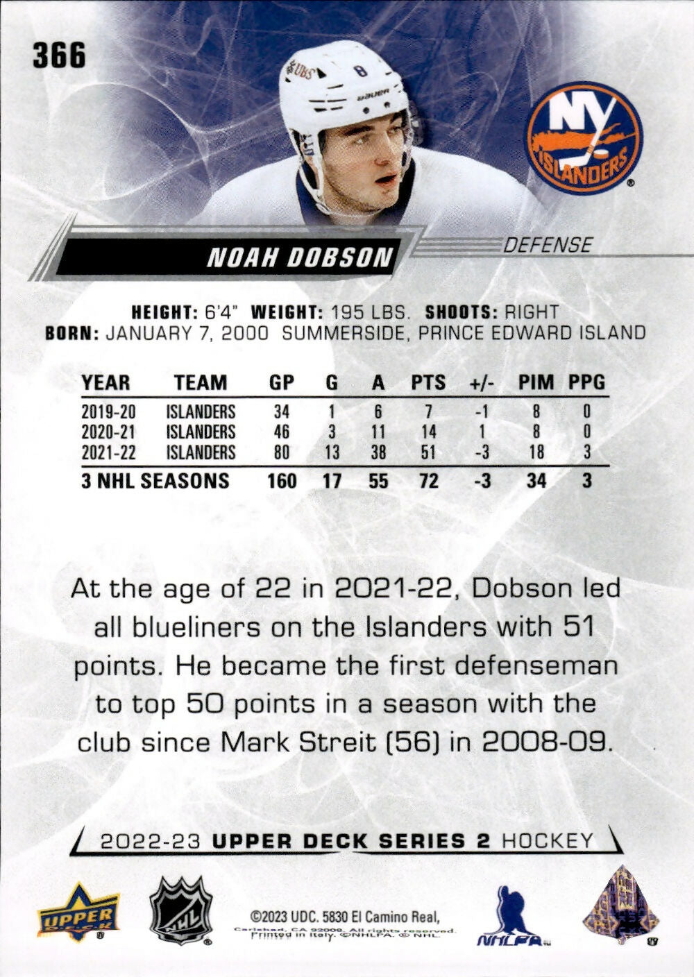2022-23 Upper Deck Series 2 Hockey - Base #366 Noah Dobson - New York Islanders - B