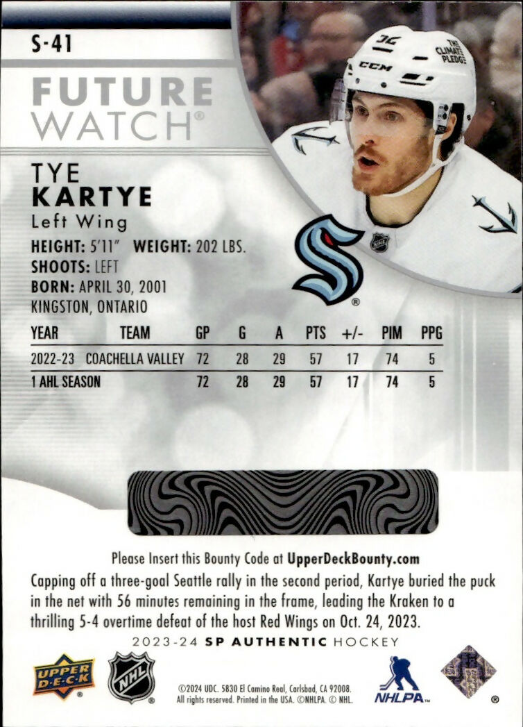 2023-24 Upper Deck SP Authentic Hockey - Future Watch - Spectrum FX #S-41 Tye Kartye - Seattle Kraken - B