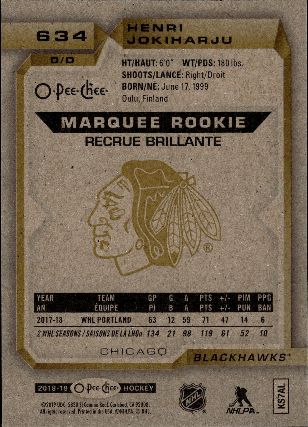 2018-19 O-Pee-Chee Hockey - Base - Marquee Rookie #634 Henri Jokiharju - Chicago Blackhawks