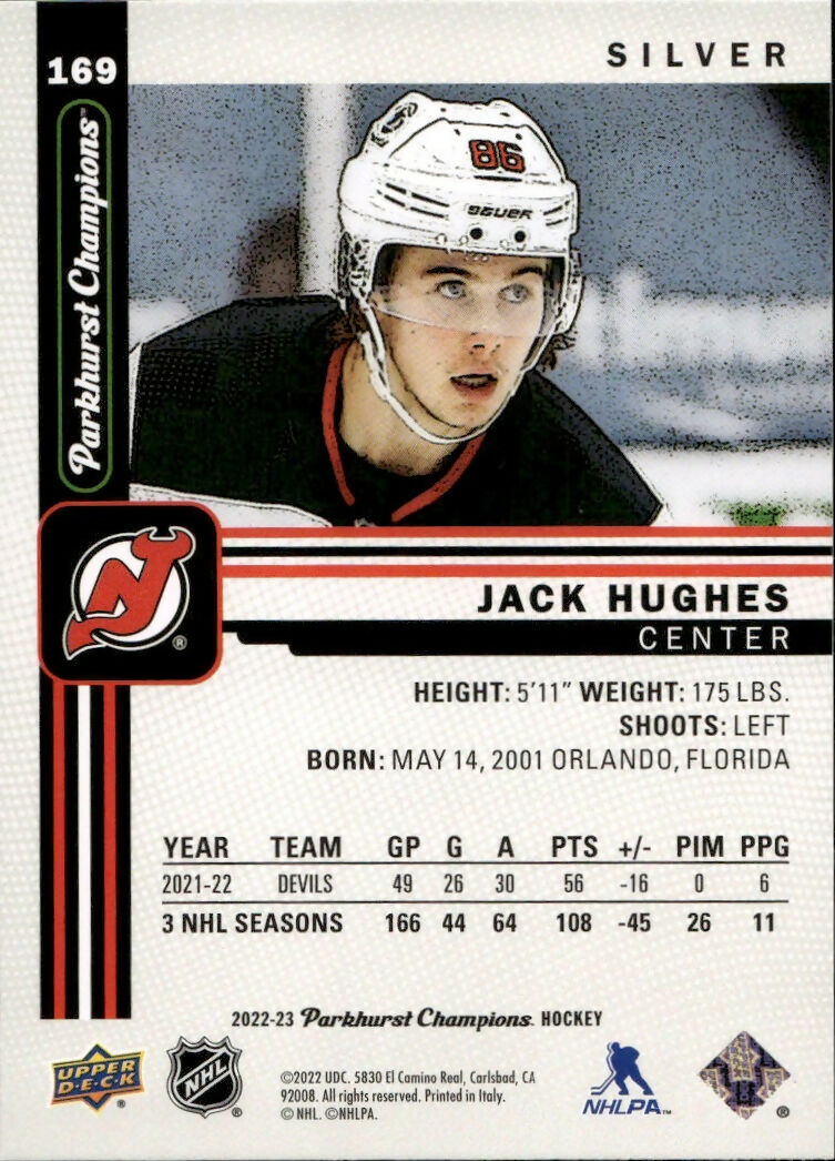 2022-23 Upper Deck Parkhurst Champions - Base - Silver #169 Jack Hughes - New Jersey Devils - B