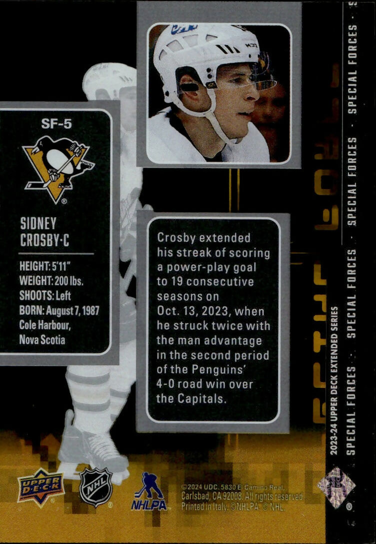 2023-24 Upper Deck Extended Series Hockey - Special Forces #SF-5 Sidney Crosby - Pittsburgh Penguins - B