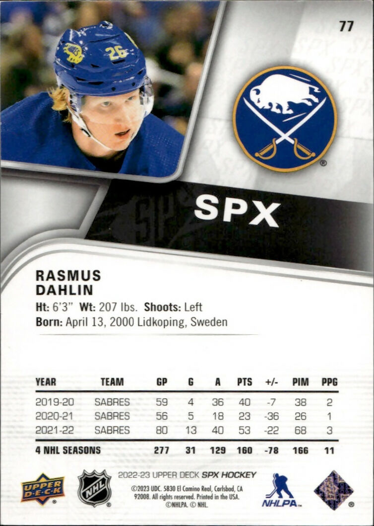 2022-23 Upper Deck SPX - Base :299 #77 Rasmus Dahlin - Buffalo Sabres - B