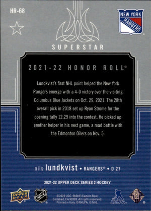 2021-22 Upper Deck Series 2 Hockey - Honor Roll #HR-68 Nils Lundkvist - New York Rangers - B