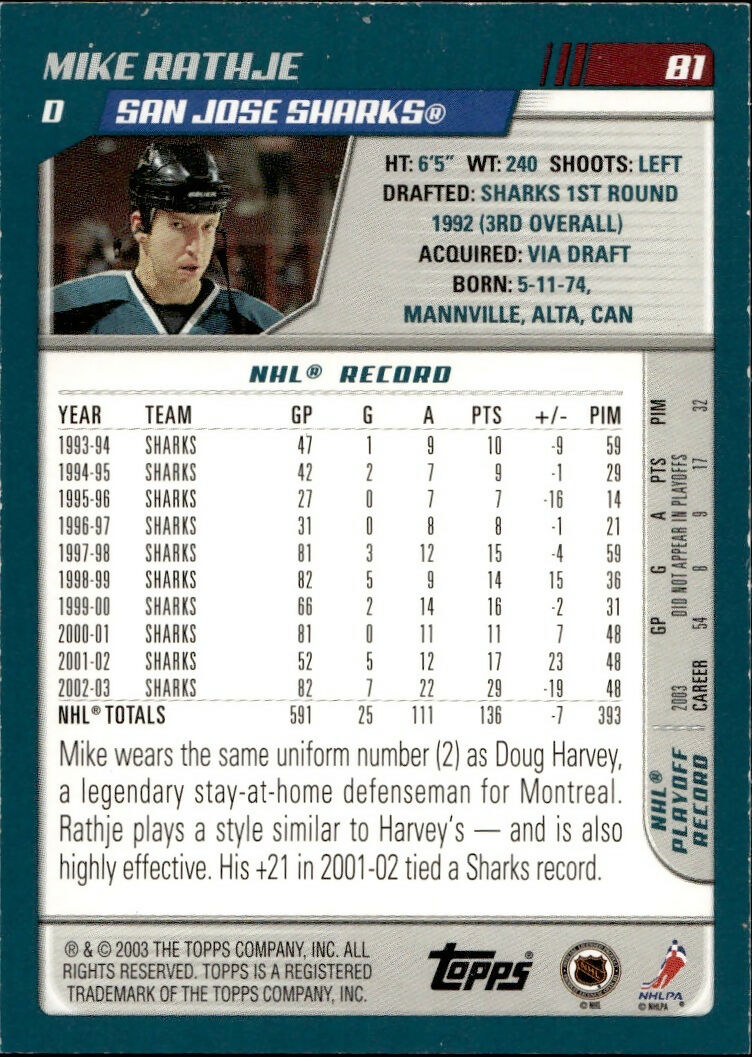 2003-04 O-Pee-Chee - Base - Blue :500 #81 Mike Rathje - San Jose Sharks - B