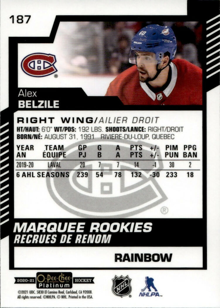 2020-21 Upper Deck O-Pee-Chee Platinum - Base - Marquee Rookie - Rainbow #187 Alex Belzile - Montreal Canadiens - B