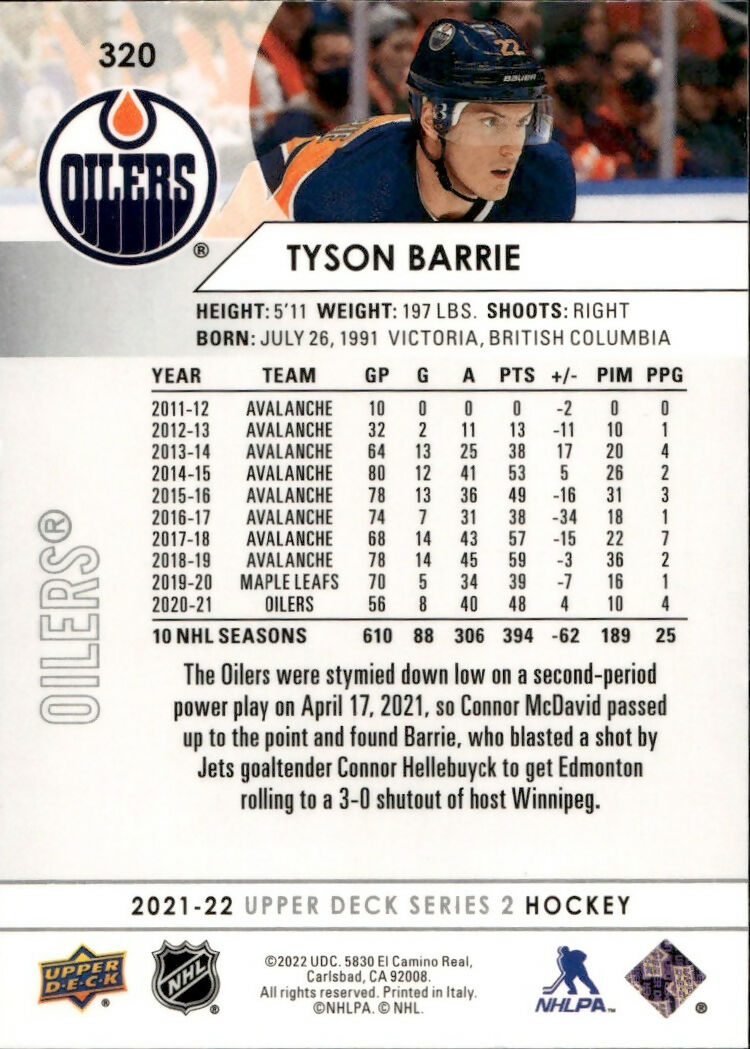 2021-22 Upper Deck Series 2 Hockey - Base #320 Tyson Barrie - Edmonton Oilers - B