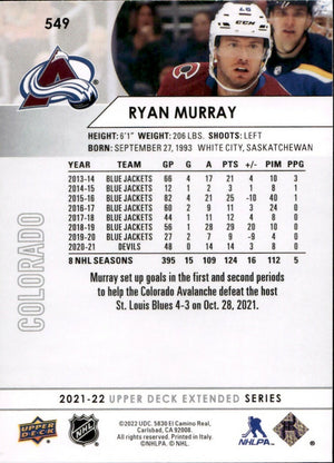 2021-22 Upper Deck Extended Series Hockey - Base #549 Ryan Murray - Colorado Avalanche - B