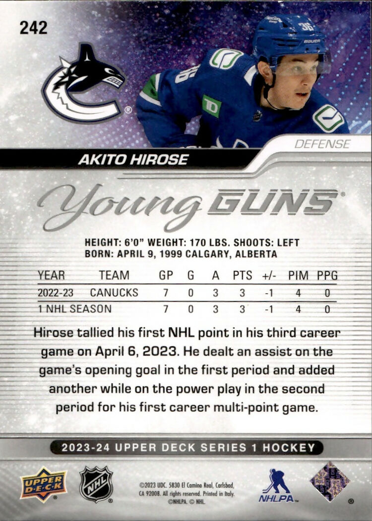2023-24 Upper Deck Series 1 Hockey - Base - Young Guns #242 Akito Hirose - Vancouver Canucks - B