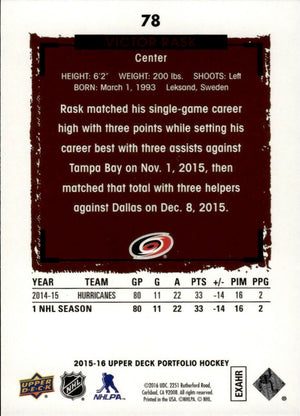 2015-16 Upper Deck Portfolio Hockey - Base #78 Victor Rask - Carolina Hurricanes - B