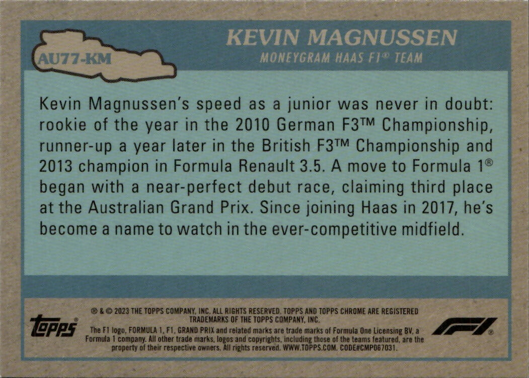 2023 Topps Chrome Formula 1 Autos of 1977 #AU77-KM Kevin Magnussen - Moneygram Haas F1 Team - B