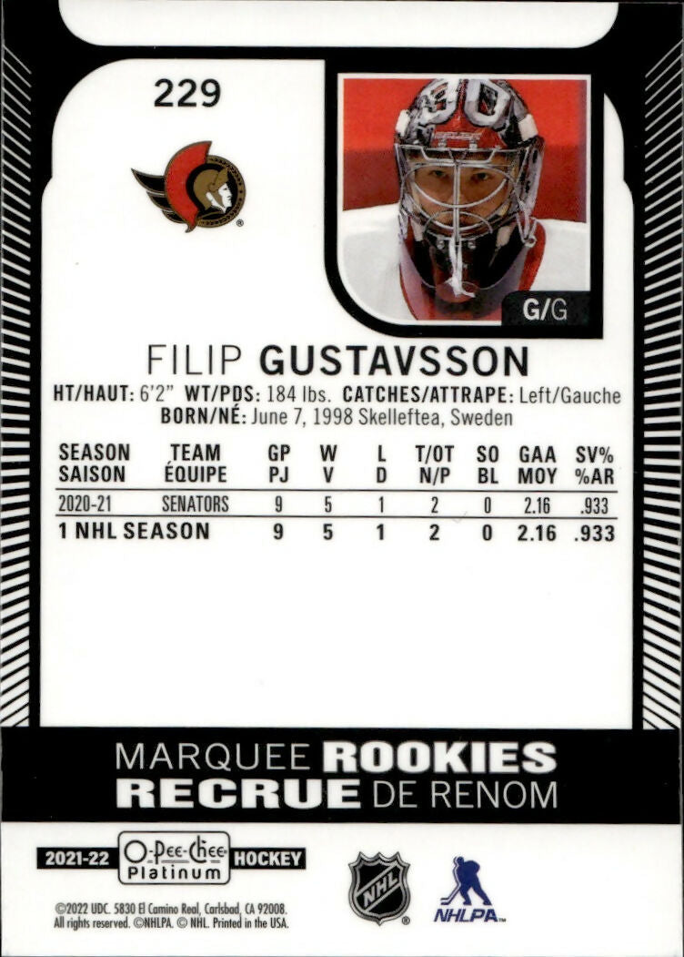 2021-22 Upper Deck O-Pee-Chee Hockey - Base - Marquee Rookie #229 Filip Gustavsson - Ottawa Senators - B