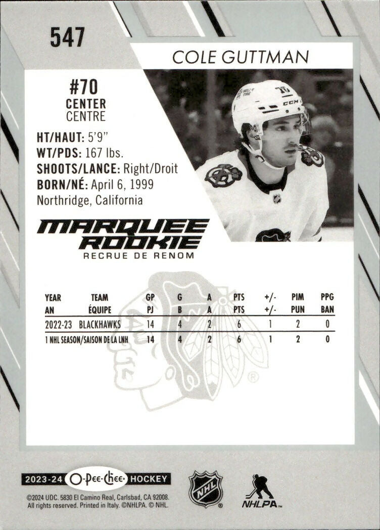 2023-24 Upper Deck O-Pee-Chee Hockey - Base - Marquee Rookie #547 Cole Guttman - Chicago Blackhawks