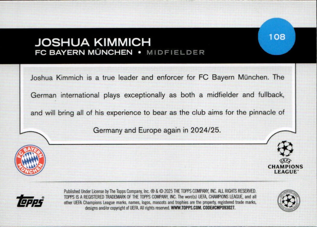 2024-25 Topps UEFA Club Competitions - Base #108 Joshua Kimmich - FC Beyern Munchen - B