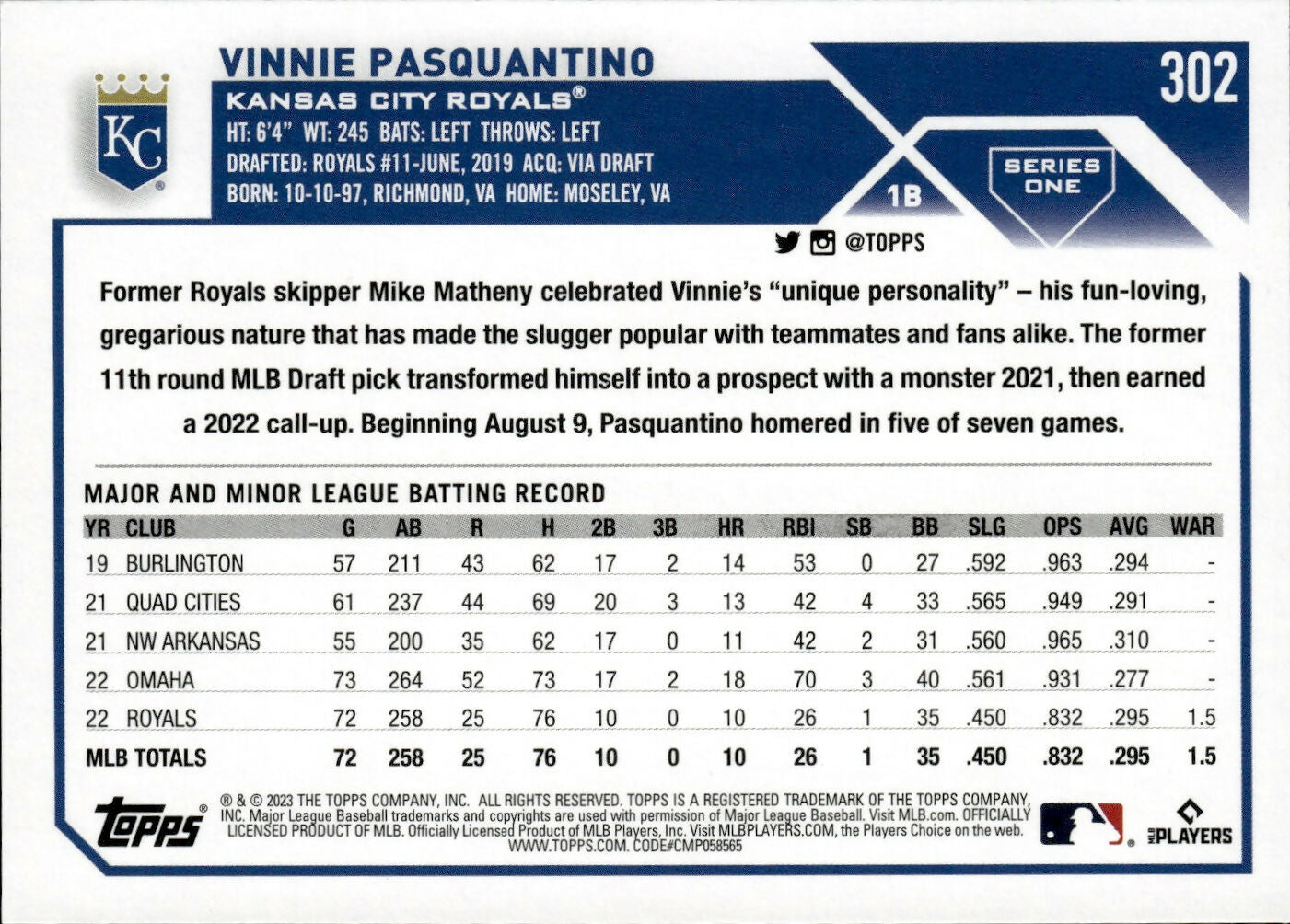 2023 Topps Series 1 Baseball - [Base] #302 Vinnie Pasquantino - Kansas City Royals - B