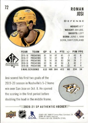 2020-21 Upper Deck Sp Authentic Hockey - Base #72 Roman Josi - Nashville Predators