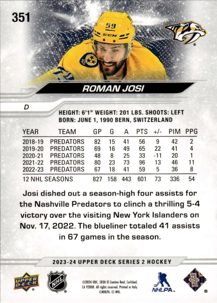 2023-24 Upper Deck Series 2 Hockey - Base #351 Roman Josi - Nashville Predators - B