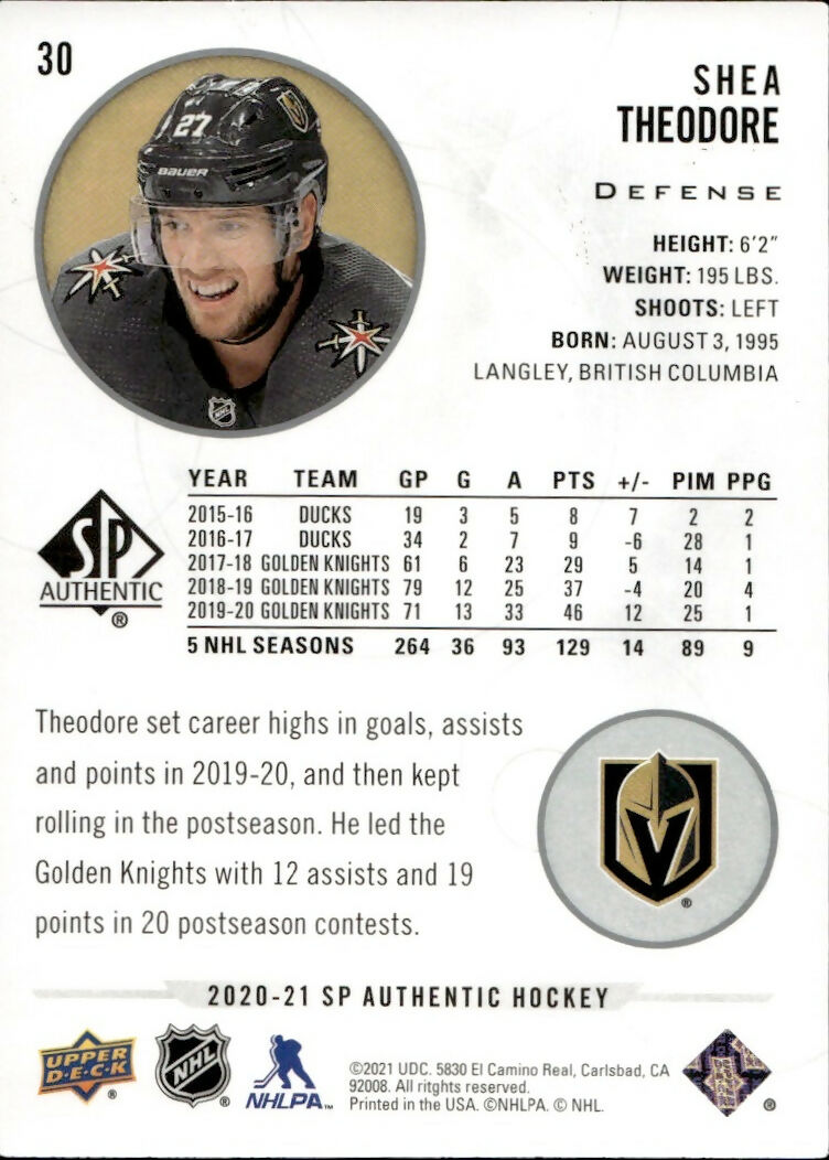 2020-21 Upper Deck Sp Authentic Hockey - Base #30 Shea Theodore - Vegas Golden Knights - B