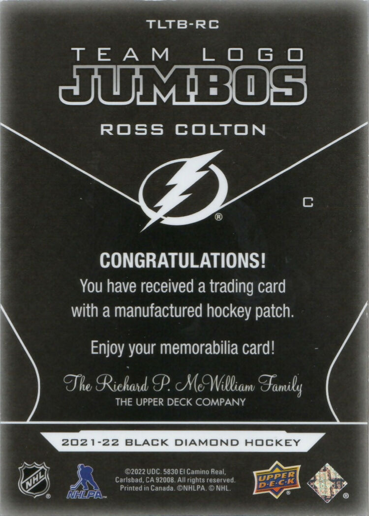 2021-22 Upper Deck Black Diamond - Team Logo Jumbos #TLTB-RC Ross Colton - Tampa Bay Lightning - B