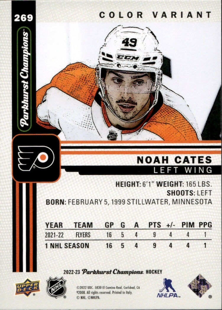 2022-23 Upper Deck Parkhurst Champions - Base - Color Variant #269 Noah Cates - Philadelphia Flyers - B