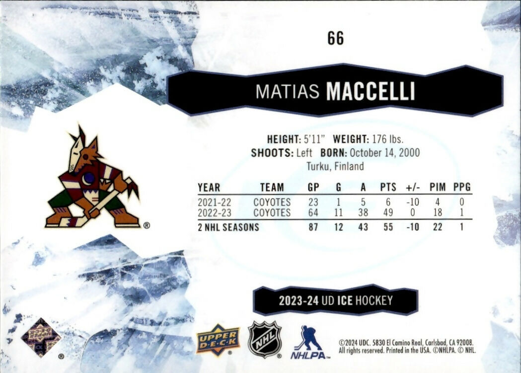 2023-24 Upper Deck Ice Hockey - Base - Blue #66 Matias Maccelli - Arizona Coyotes - B