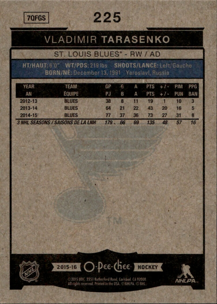 2015-16 Upper Deck O-Pee-Chee Hockey - Base #225 Vladimir Tarasenko - St. Louis Blues