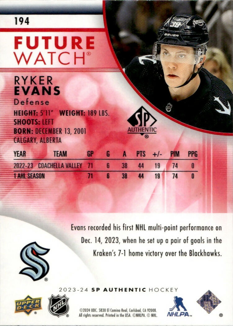 2023-24 Upper Deck SP Authentic Hockey - Base - Future Watch - Red #194 Ryker Evans - Seattle Kraken - B
