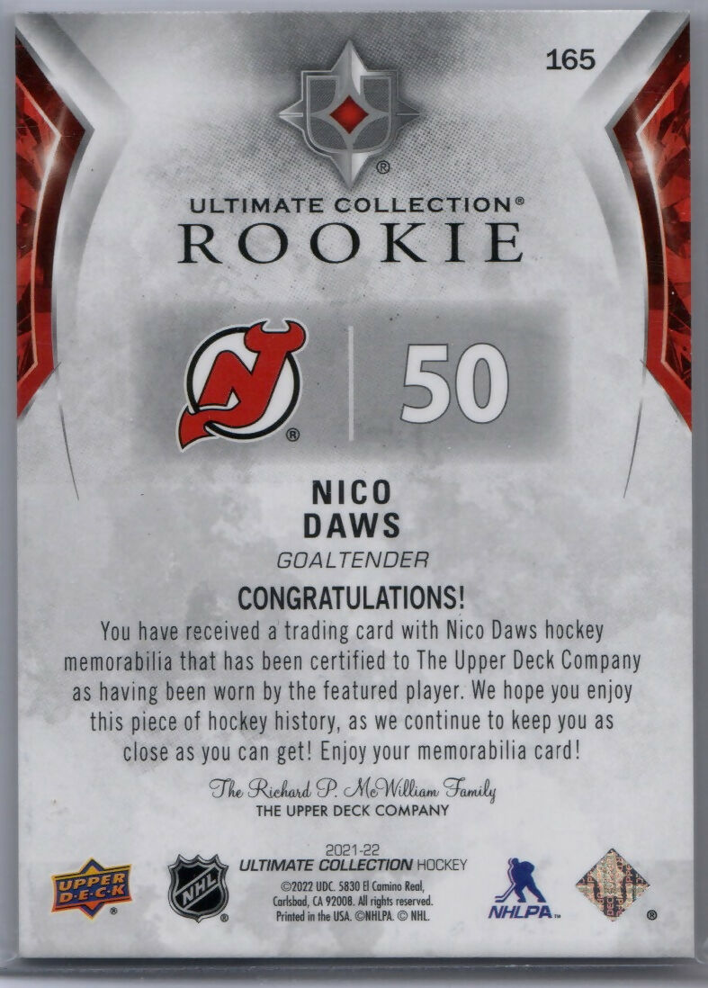 2021-22 Upper Deck Ultimate Collection Hockey #165 Nico Daws - New Jersey Devils - B