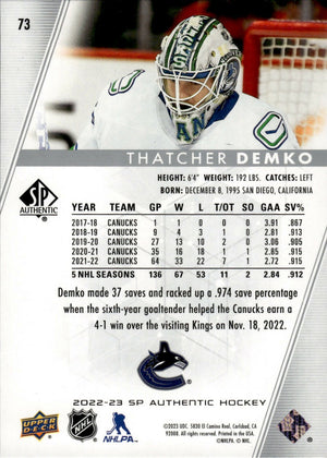 2022-23 Upper Deck SP Authentic Hockey - Base #73 Thatcher Demko - Vancouver Canucks