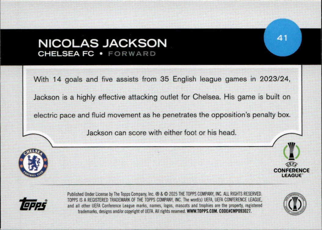 2024-25 Topps UEFA Club Competitions - Base #41 Nicolas Jackson - Chelsea FC - B