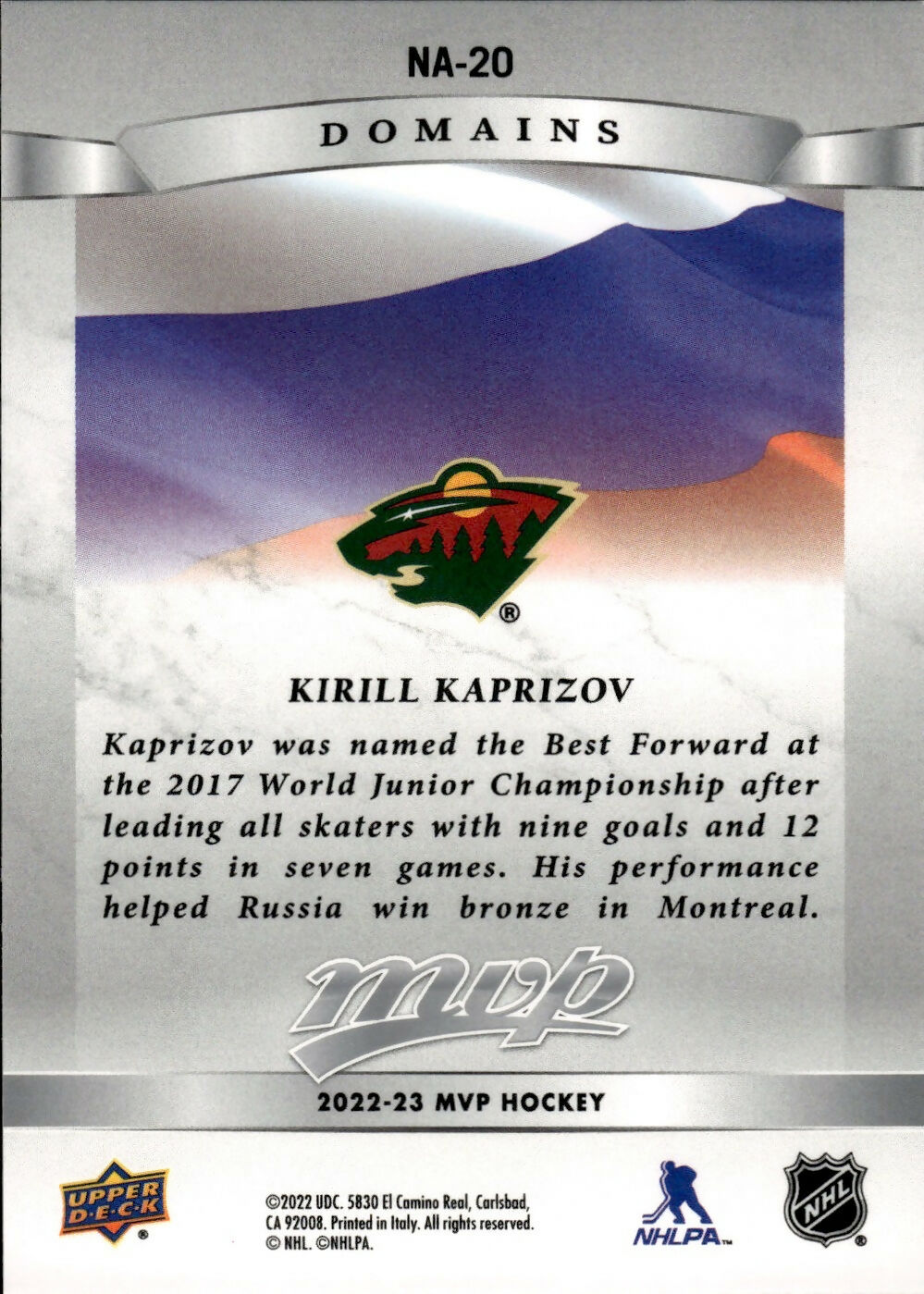 2022-23 Upper Deck MVP Hockey - Domains #NA-20 Kirill Kaprizov - Minnesota Wild