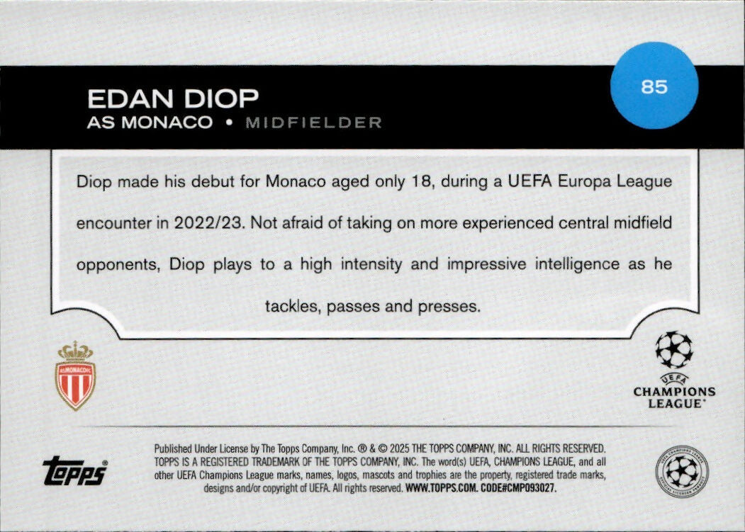 2024-25 Topps UEFA Club Competitions - Base #85 Edan Diop - AS Monaco - B