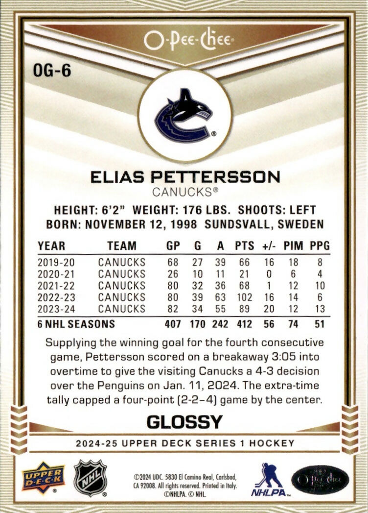 2024-25 Upper Deck Series 1 Hockey - O-Pee-Chee - Glossy #OG-6 Elias Pettersson - Vancouver Canucks - B
