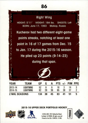 2015-16 Upper Deck Portfolio Hockey - Base #86 Nikita Kucherov - Tampa Bay Lightning