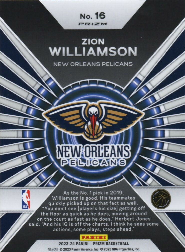 2023-24 Panini Prizm Basketball Dominance - Prizm #16 Zion Williams, New Orleans Pelicans - B