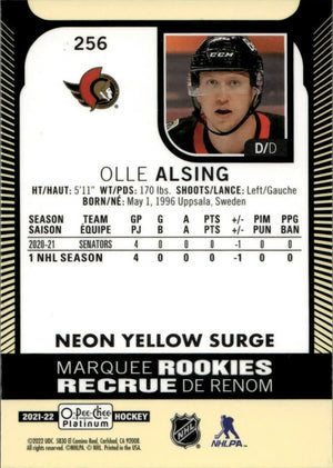 2021-22 Upper Deck O-Pee-Chee Platinum - Base - Marquee Rookie - Neon Yellow Surge #256 Olle Alsing - Ottawa Senators - B