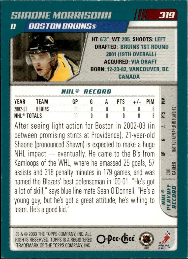 2003-04 O-Pee-Chee - Base #319 Shaone Morrisonn - Boston Bruins - B