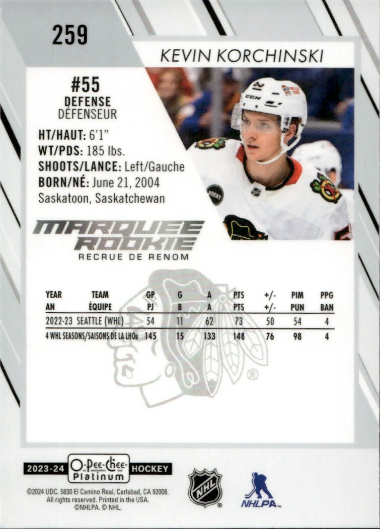 2023-24 Upper Deck O-Pee-Chee Platinum Hockey - Base - Marquee Rookie #259 Kevin Korchinski - Chicago Blackhawks - B