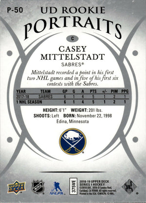 2018-19 Upper Deck Series 1 Hockey - UD Portraits - Rookie #P-50 Casey Mittlestadt - Buffalo Sabres