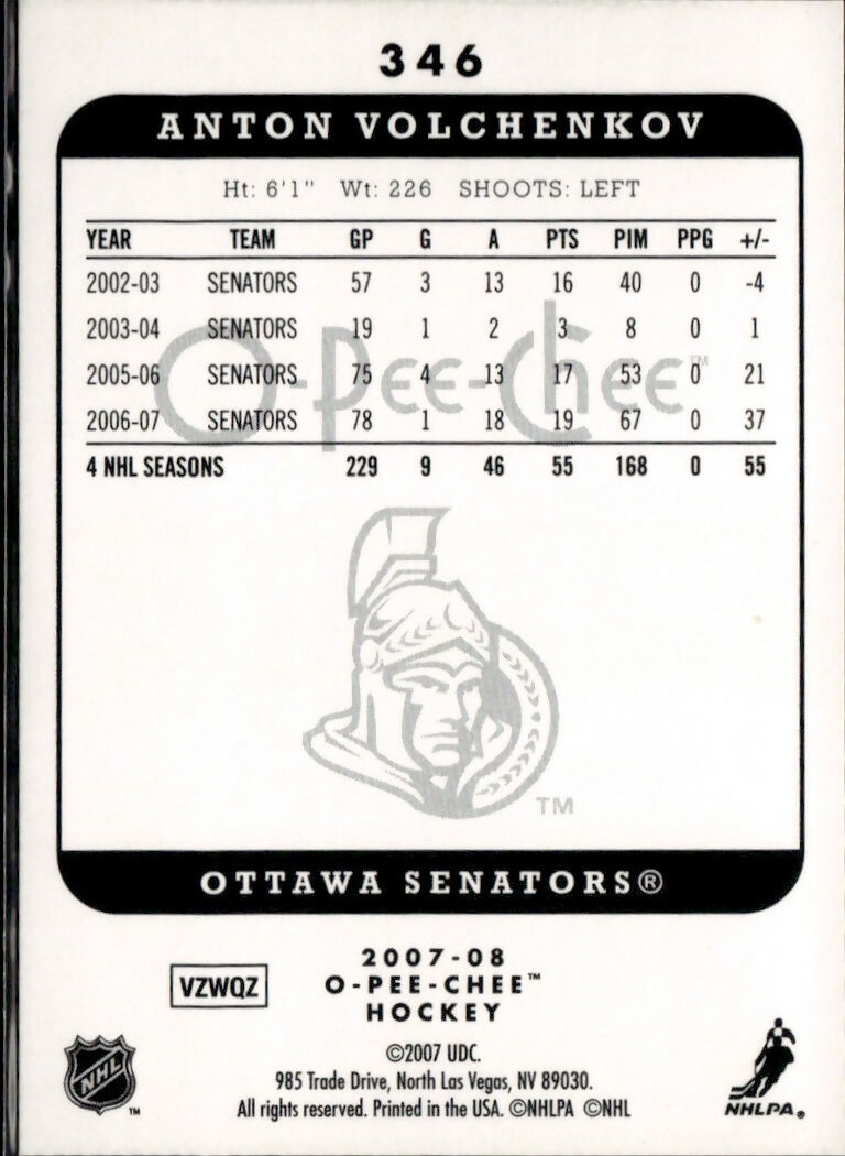 2007-08 O-Pee-Chee - Base #346 Anton Volchenkov - Ottawa Senators - B