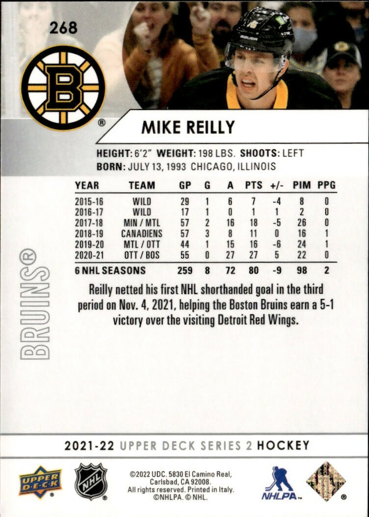 2021-22 Upper Deck Series 2 Hockey - Base #268 Mike Reilly - Boston Bruins - B