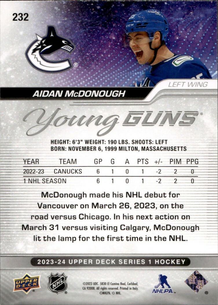 2023-24 Upper Deck Series 1 Hockey - Base - Young Guns #232 Aiden McDonough - Vancouver Canucks - B