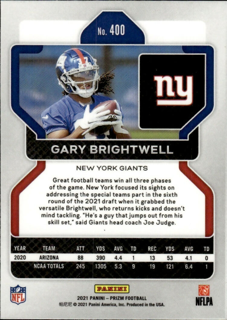 2021 Panini Prizm Football Base #400 Gary Brightwell RC New York Giants - B