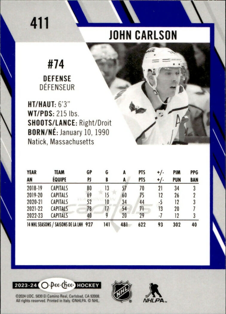 2023-24 Upper Deck O-Pee-Chee Hockey - Base - Blue Boarder #411 John Carlson - Washington Capitals - B