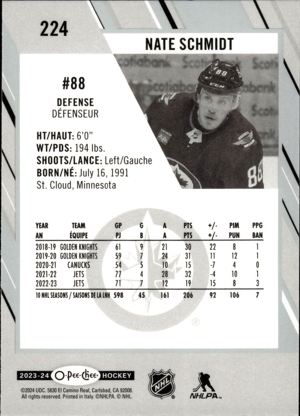 2023-24 Upper Deck O-Pee-Chee Hockey - Base #224 Nate Schmidt - Winnipeg Jets