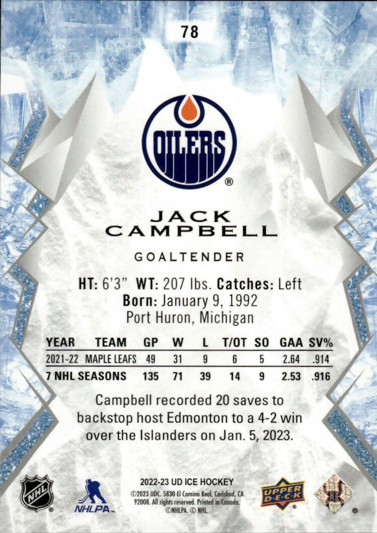 2022-23 Upper Deck Ice Hockey - Base #78 Jack Campbell - Edmonton Oilers