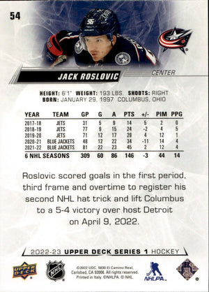 2022-23 Upper Deck Series 1 Hockey - Base #54 Jack Roslovic - Columbus Blue Jackets - B