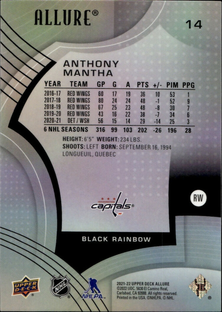 2021-22 Upper Deck Allure Hockey - Base - Black  Rainbow #14 Anthony Mantha - Washington Capitals - B